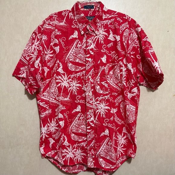 Vintage Chaps Ralph Lauren Red Aloha Hawaiian Shirt Sea Life Holiday - Picture 1 of 4